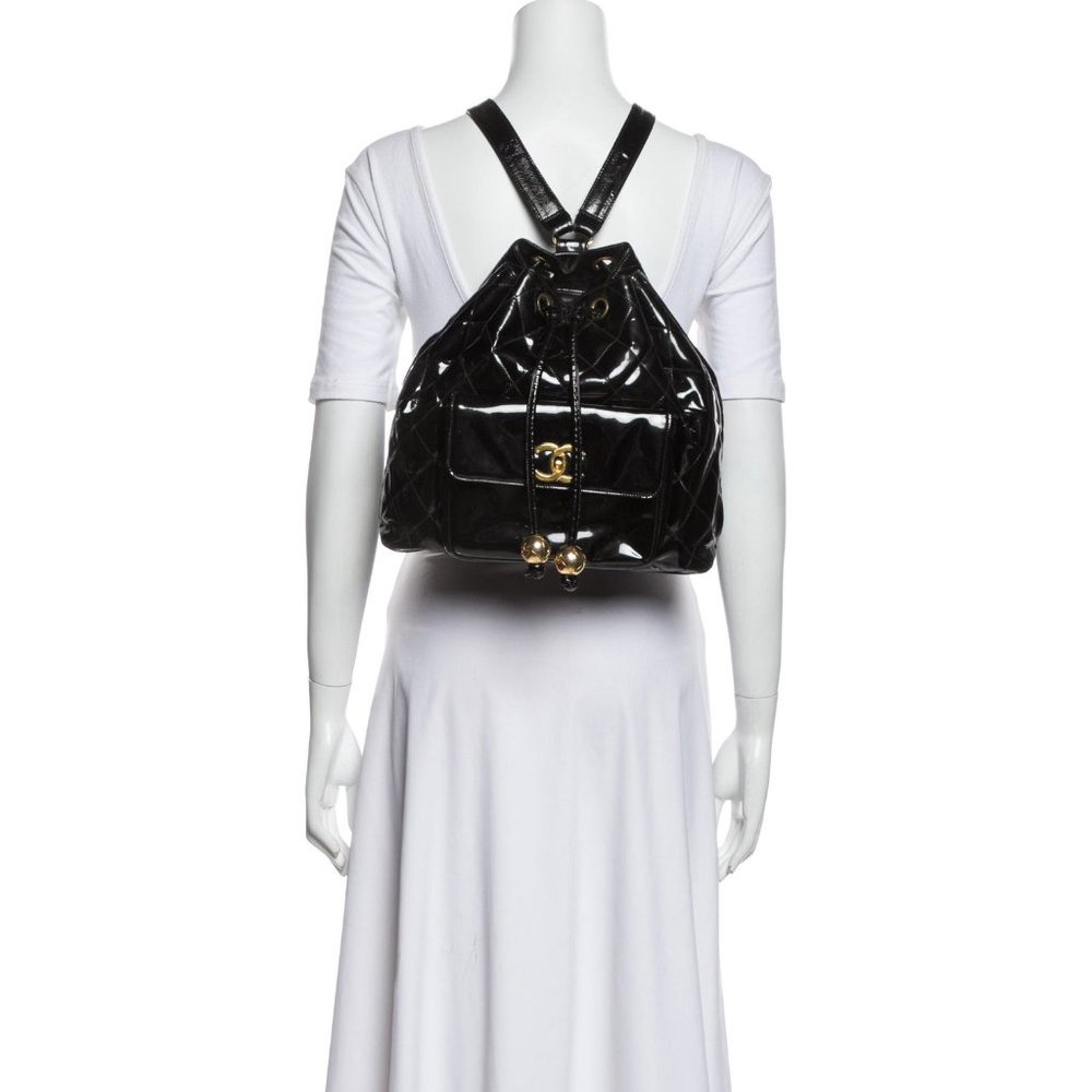Vintage Quilted Black Patent Leather CC Backpack